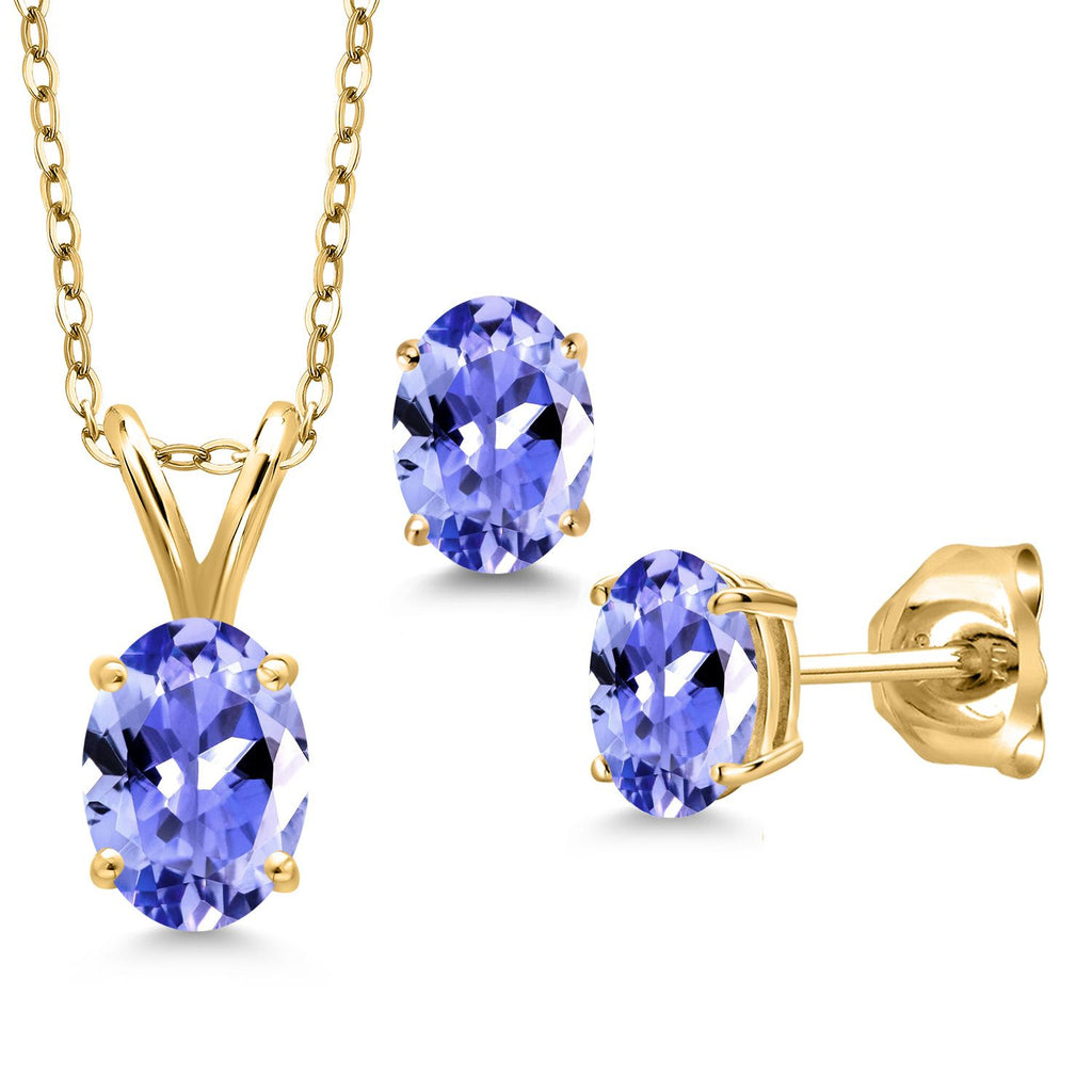 Gem Stone King 18K Yellow Gold Plated Silver Gemstone Birthstone Pendant Earrings Set for Women | Oval 7X5MM and 6X4MM | 18 Inch Chain | Jewelry Gift for Her Mom Wife