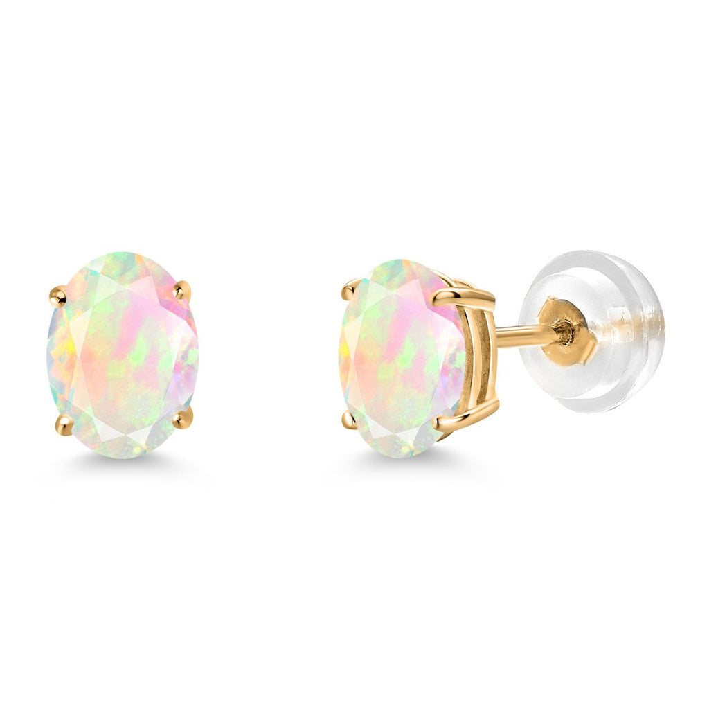White Simulated Opal-Cabochon - October_Earrings in 14K Yellow Gold
