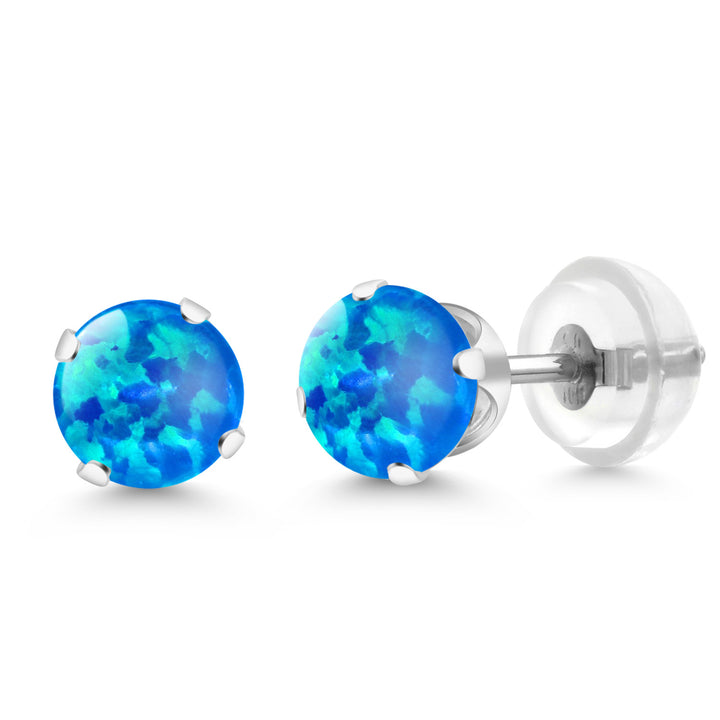 Blue Simulated Opal-Cabochon - October_Earrings in 10K White Gold