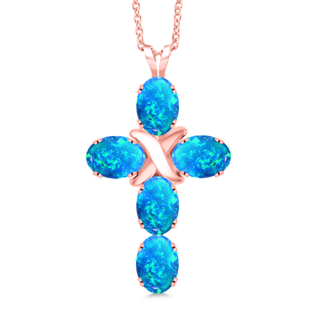 Blue Simulated Opal - October_Pendant in 925 Rose Gold Plated Silver
