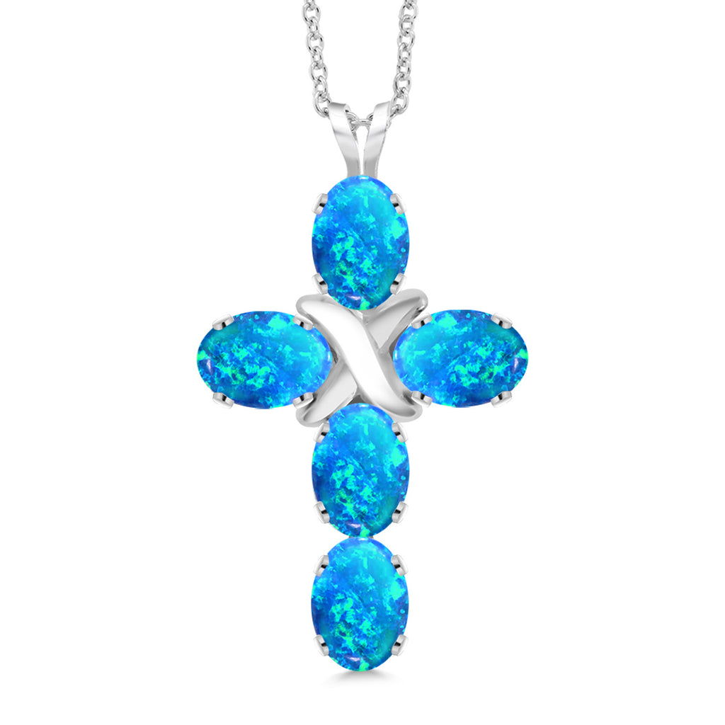 Blue Simulated Opal - October_Pendant in 925 Sterling Silver