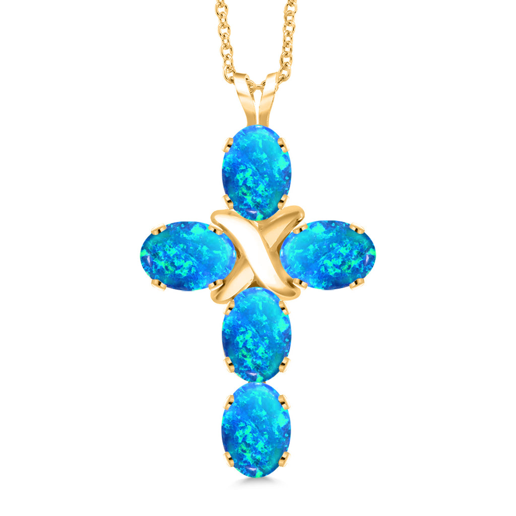 Blue Simulated Opal - October_Pendant in 925 Yellow Gold Plated Silver