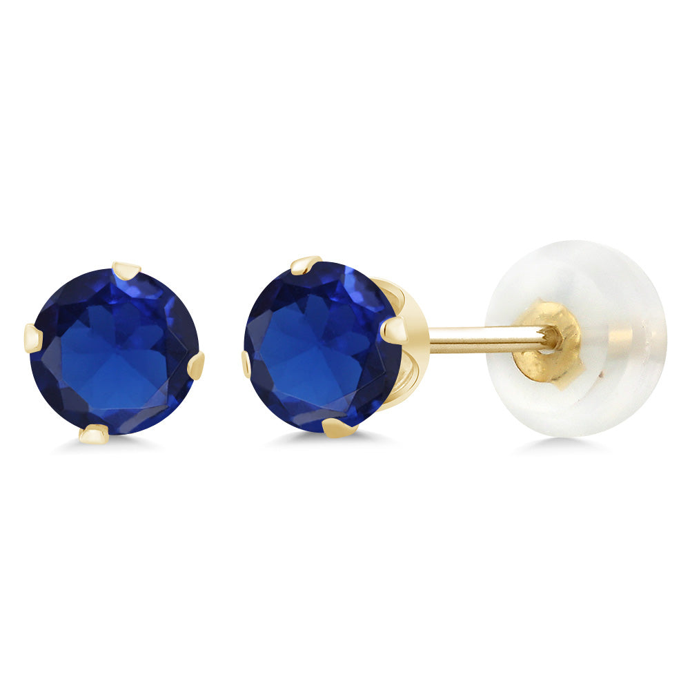 10K Yellow Gold Blue Created Sapphire Stud Earrings For Women Men (1.20 Cttw, Round 5MM)