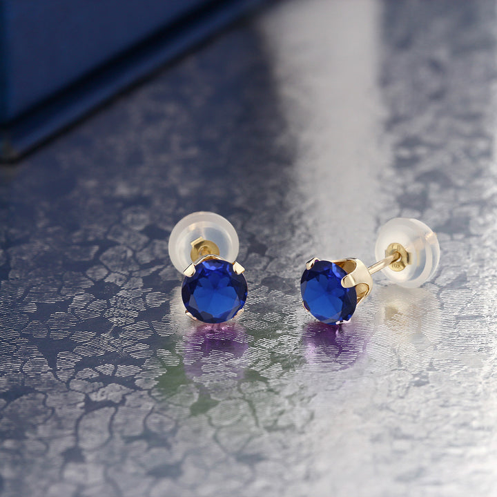 10K Yellow Gold Blue Created Sapphire Stud Earrings For Women Men (1.20 Cttw, Round 5MM)