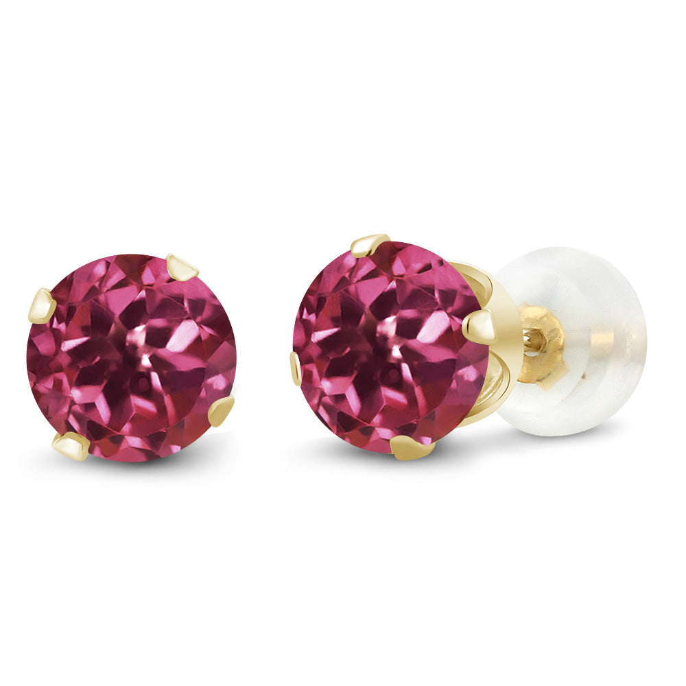 10K Yellow Gold Pink Tourmaline Gemstone Stud Earrings For Women Men (0.48 Cttw, Gemstone Birthstone, Round 4MM)