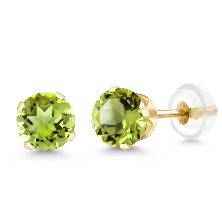 Gem Stone King 14K Yellow Gold Green Peridot Stud Earrings For Women Men (1.80 Cttw, 4-Prong, Gemstone Birthstone, Round 6MM)