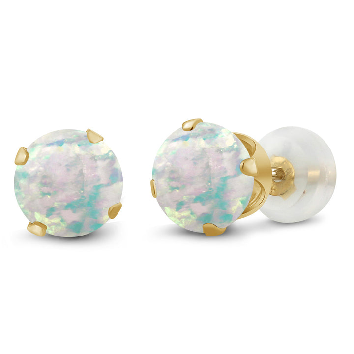 White Simulated Opal-Cabochon - October_Earrings in 10K Yellow Gold
