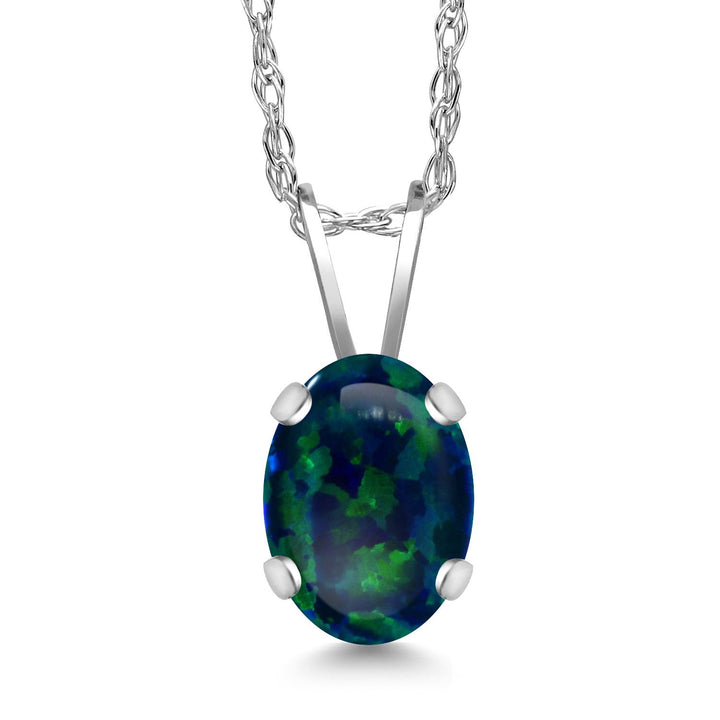 Green Simulated Opal-Cabochon - October_Pendant in 14K White Gold