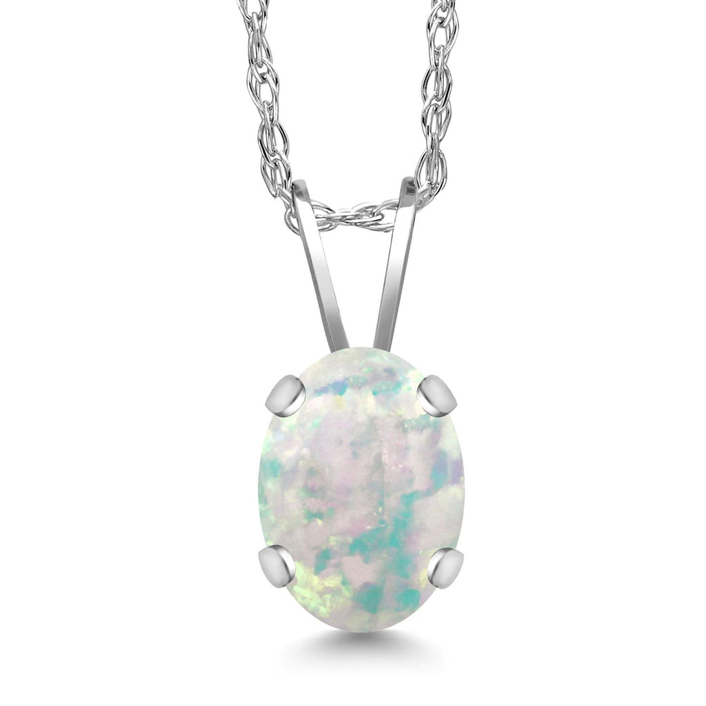 White Simulated Opal-Cabochon - October_Pendant in 14K White Gold