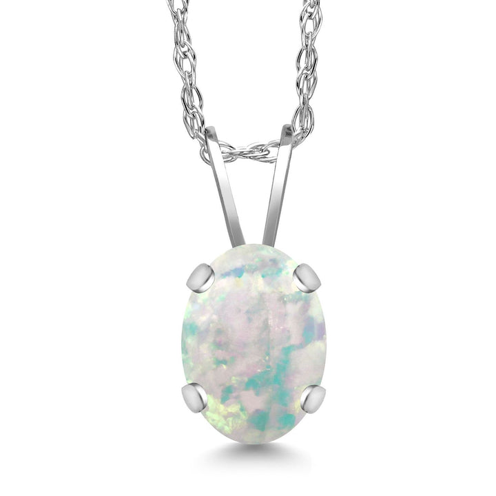 White Simulated Opal-Cabochon - October_Pendant in 14K White Gold