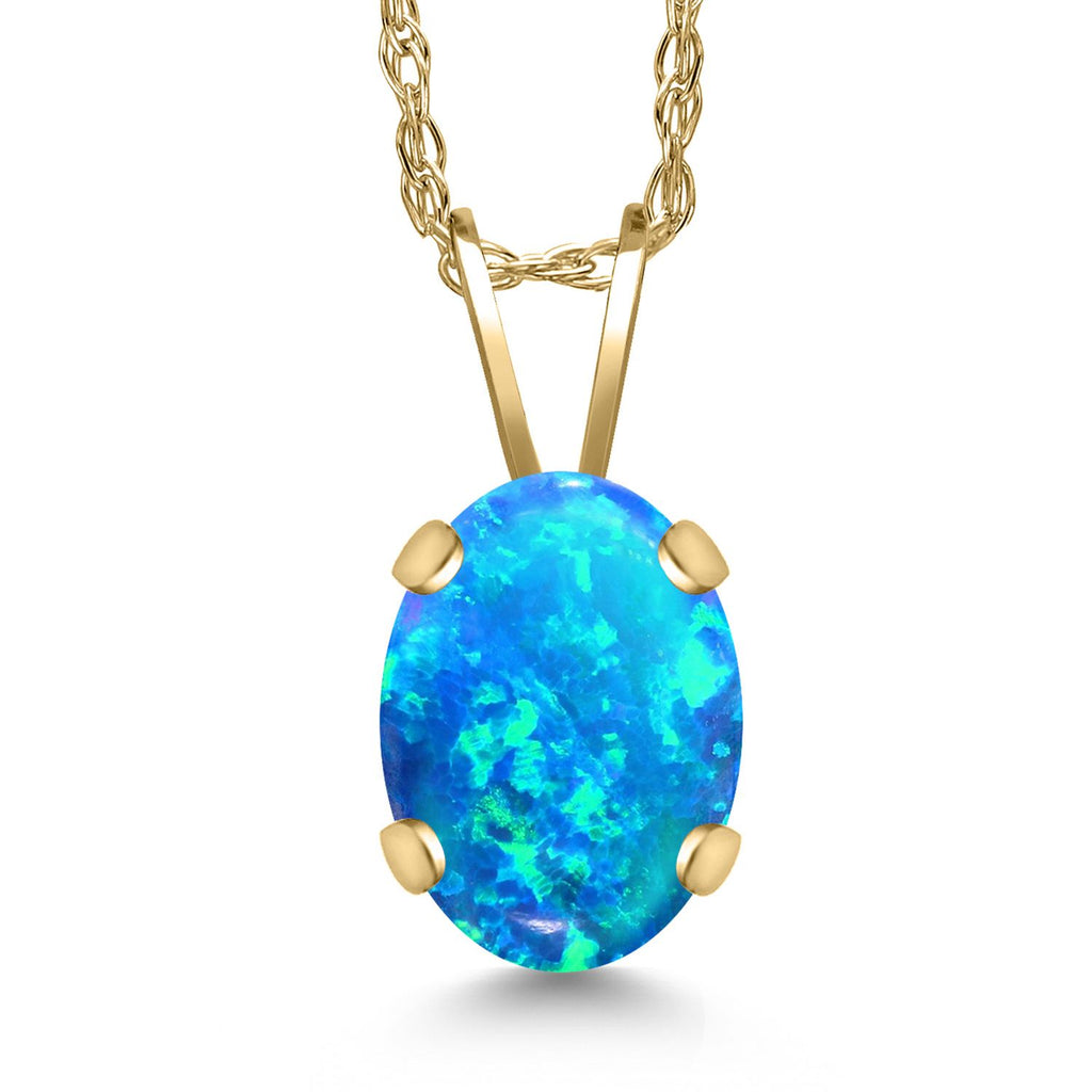 Blue Simulated Opal-Cabochon - October_Pendant in 14K Yellow Gold
