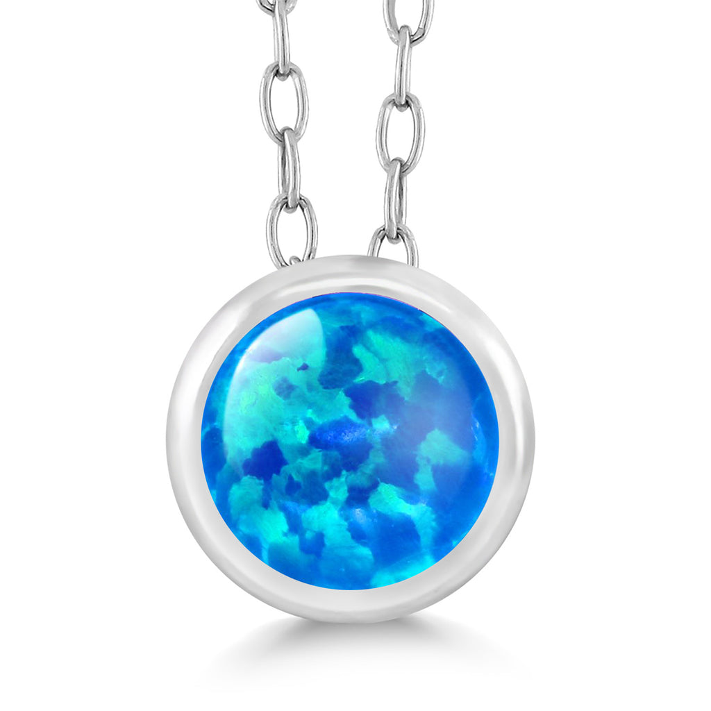 Blue Simulated Opal-Cabochon - October_Pendant in 925 Sterling Silver