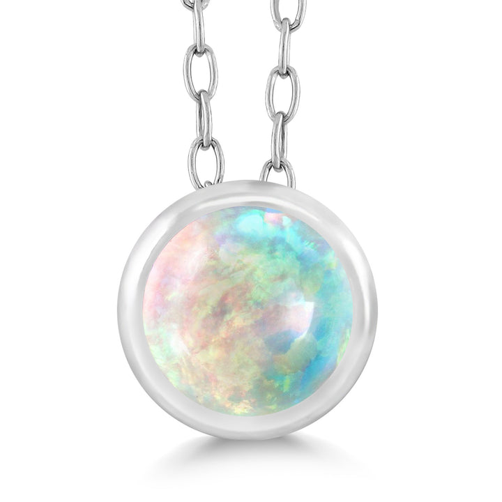 White Simulated Opal-Cabochon - October_Pendant in 925 Sterling Silver