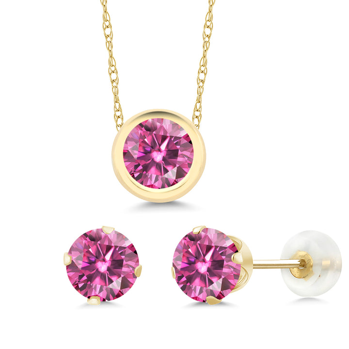 Pink Moissanite - April_Pendant Earrings Set in 14K Yellow Gold
