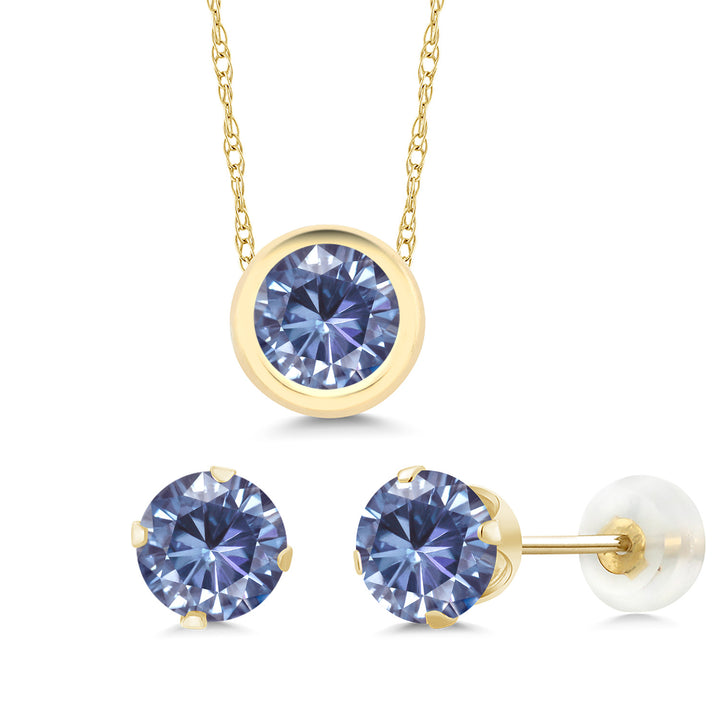 Persian Blue Moissanite - April_Pendant Earrings Set in 14K Yellow Gold