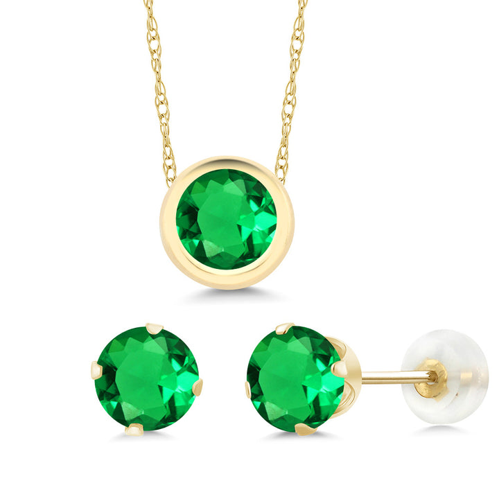 Nano Emerald - May_Pendant Earrings Set in 14K Yellow Gold