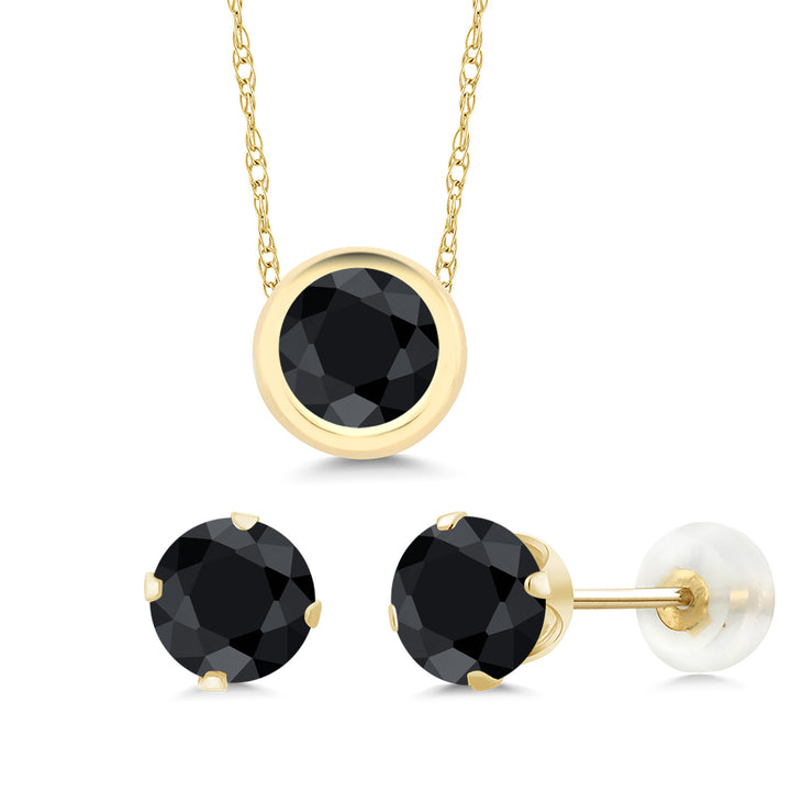 Black Sapphire - September_Pendant Earrings Set in 14K Yellow Gold