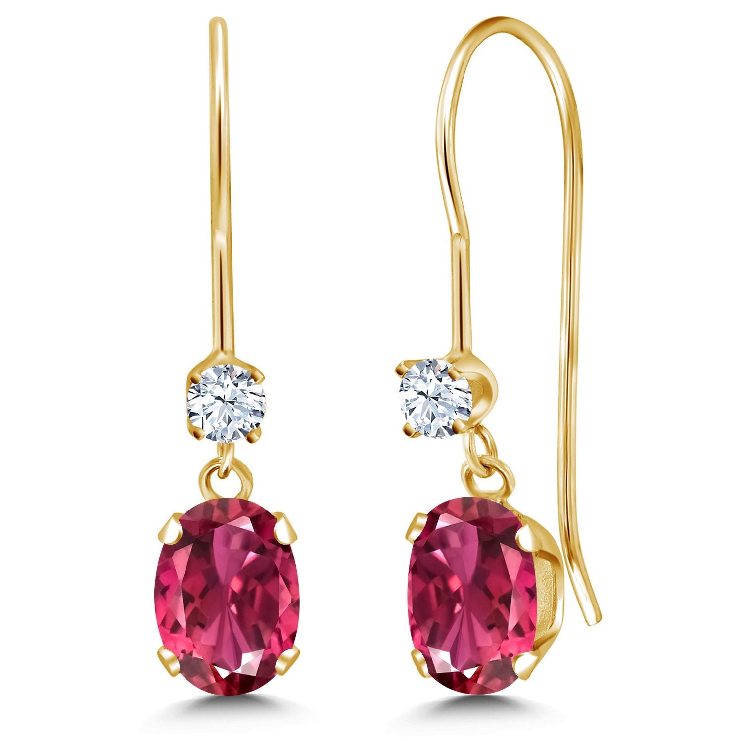 14K Yellow Gold Pink Tourmaline French Wire Dangle Earrings For Women (1.10 Cttw, Gemstone October Birthstone, Oval 6X4MM and Round 2.5MM)