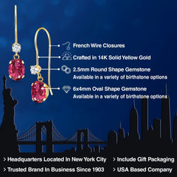 14K Yellow Gold Pink Tourmaline French Wire Dangle Earrings For Women (1.10 Cttw, Gemstone October Birthstone, Oval 6X4MM and Round 2.5MM)
