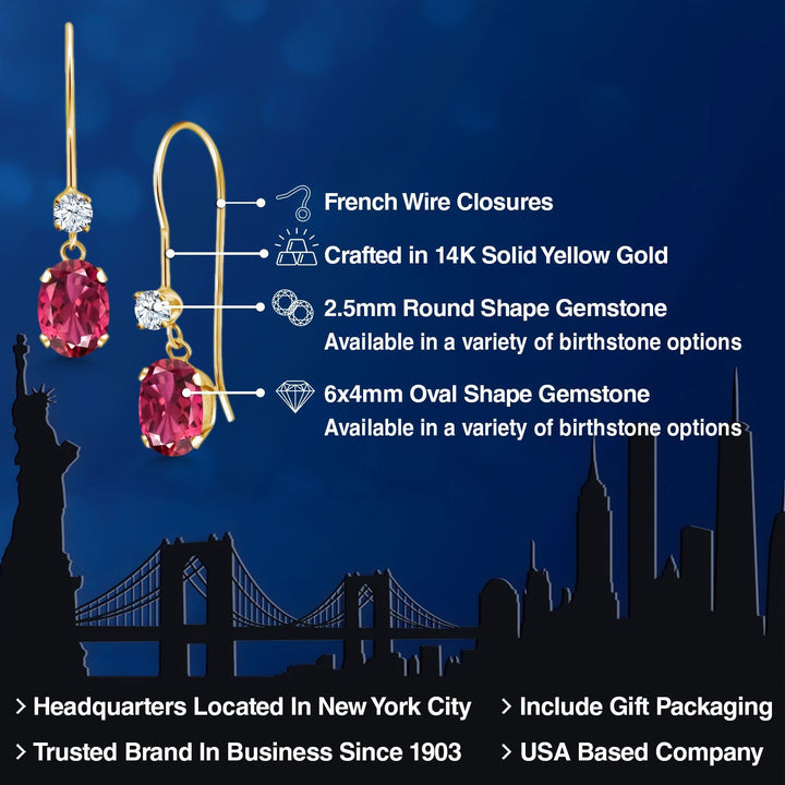 14K Yellow Gold Pink Tourmaline French Wire Dangle Earrings For Women (1.10 Cttw, Gemstone October Birthstone, Oval 6X4MM and Round 2.5MM)