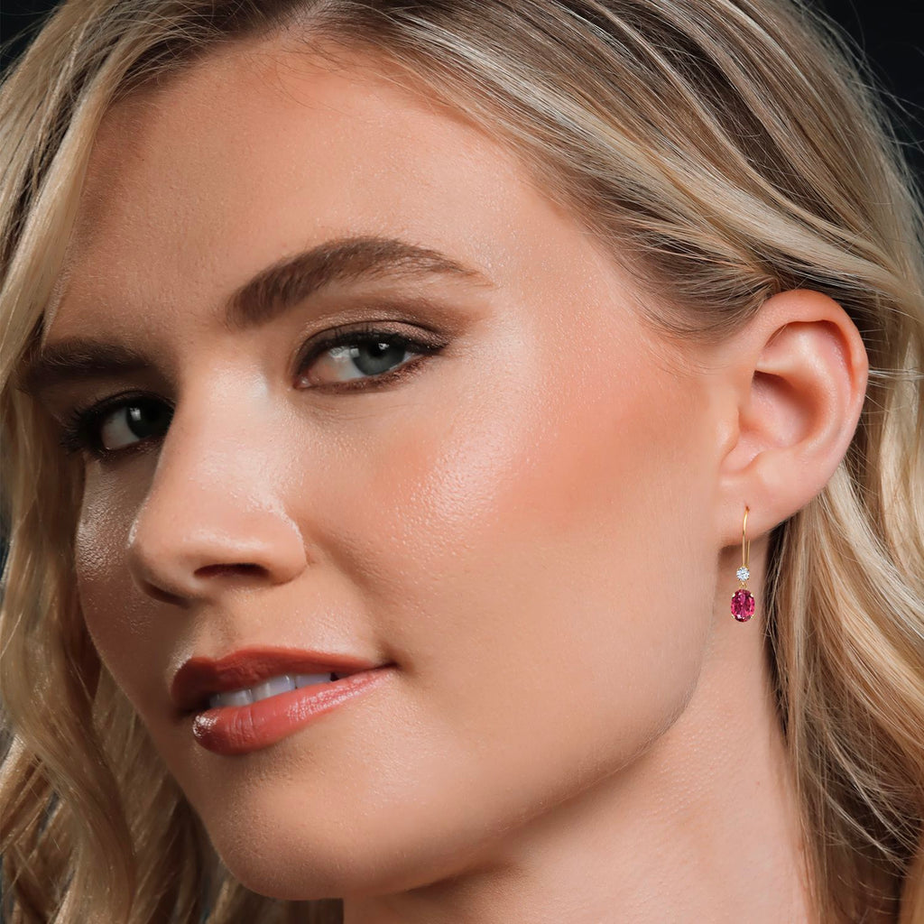 14K Yellow Gold Pink Tourmaline French Wire Dangle Earrings For Women (1.10 Cttw, Gemstone October Birthstone, Oval 6X4MM and Round 2.5MM)