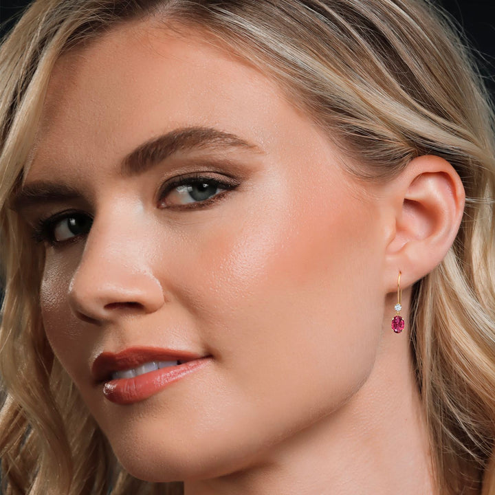 14K Yellow Gold Pink Tourmaline French Wire Dangle Earrings For Women (1.10 Cttw, Gemstone October Birthstone, Oval 6X4MM and Round 2.5MM)