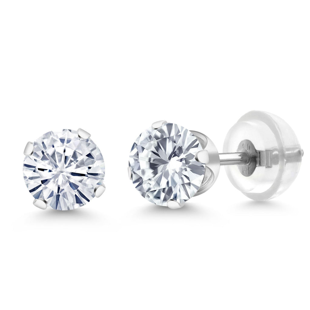 Gem Stone King 14K White Gold Gemstone Birthstone Stud Earrings | Round 5MM | 14K Silicone Push Back | Gold Earrings For Women Men
