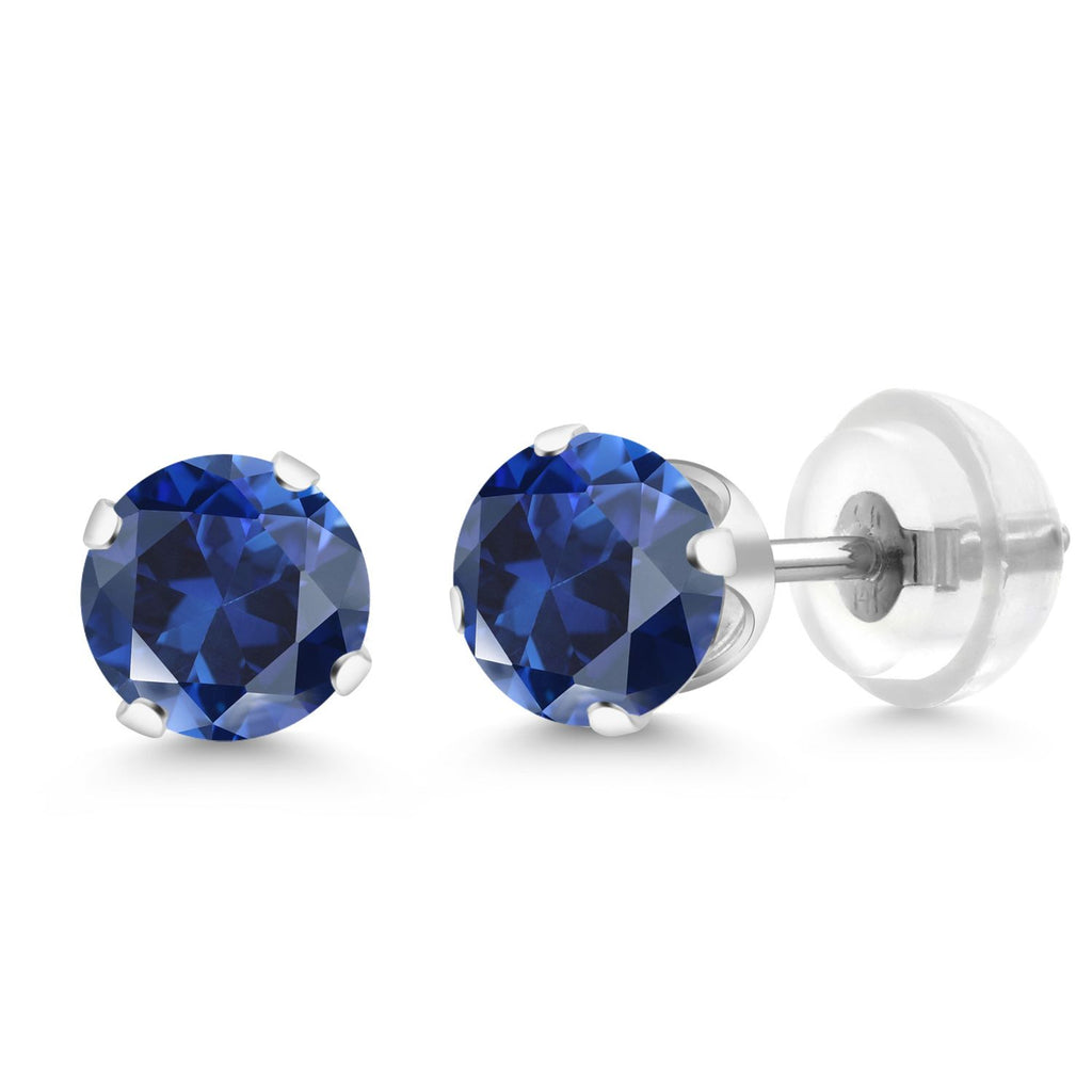 Gem Stone King 14K White Gold Blue Created Sapphire Stud Earrings For Women Men (1.10 Cttw, Round Cut 5MM)