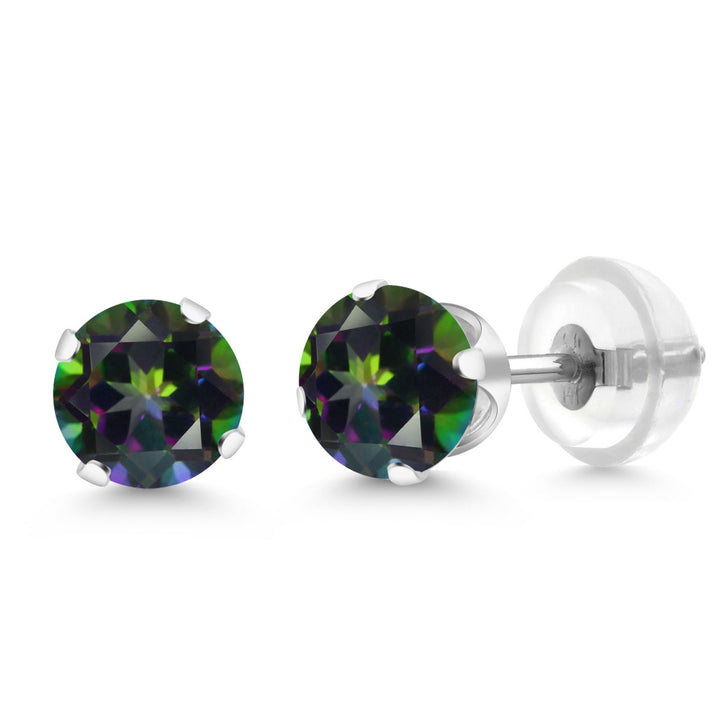 Gem Stone King 14K White Gold Gemstone Birthstone Stud Earrings | Round 5MM | 14K Silicone Push Back | Gold Earrings For Women Men