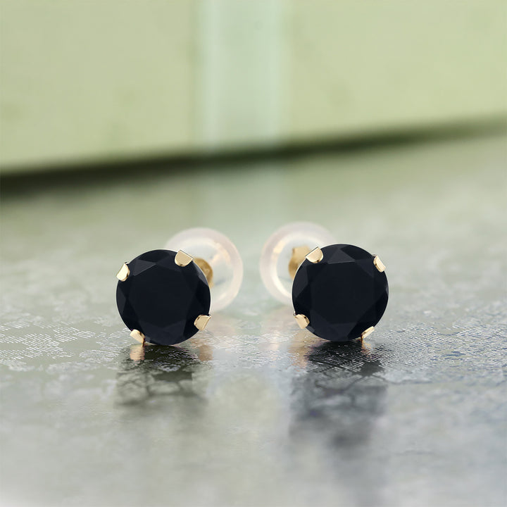 14K Yellow Gold Black Onyx Stud Earrings For Women Men (0.92 Cttw, Gemstone Birthstone, Round 5MM)