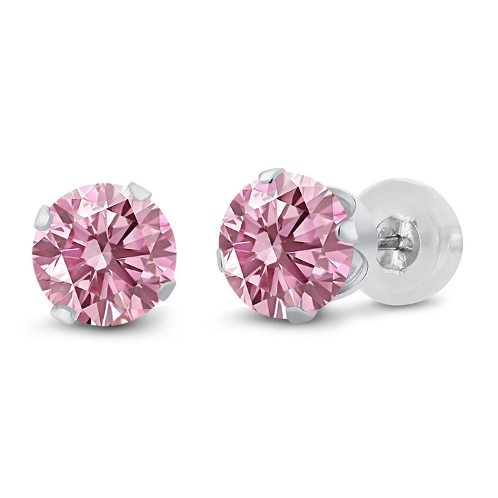 14K White Gold Pink Lab Grown Diamond Stud Earrings for Women | 1.00 Cttw | Gemstone April Birthstone | Round 5MM