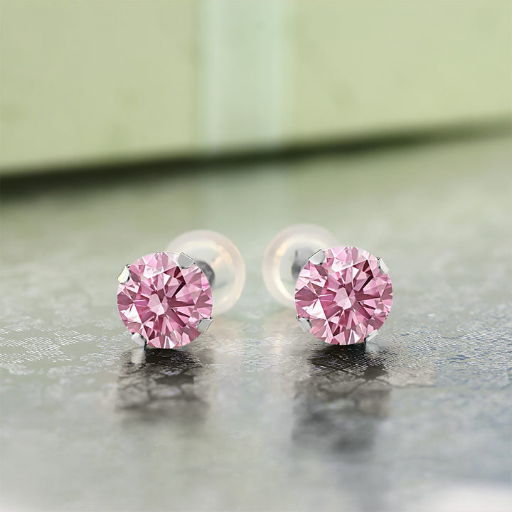 14K White Gold Pink Lab Grown Diamond Stud Earrings for Women | 1.00 Cttw | Gemstone April Birthstone | Round 5MM