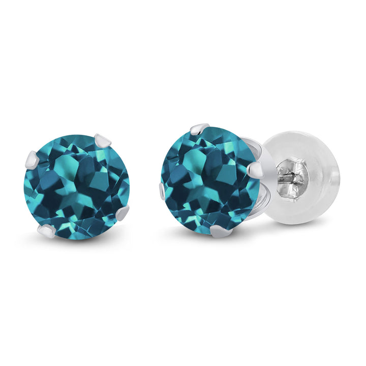 14K White Gold Round Cut London Blue Topaz Stud Earrings For Women Men (1.10 Cttw, Gemstone Birthstone, Round 5MM)