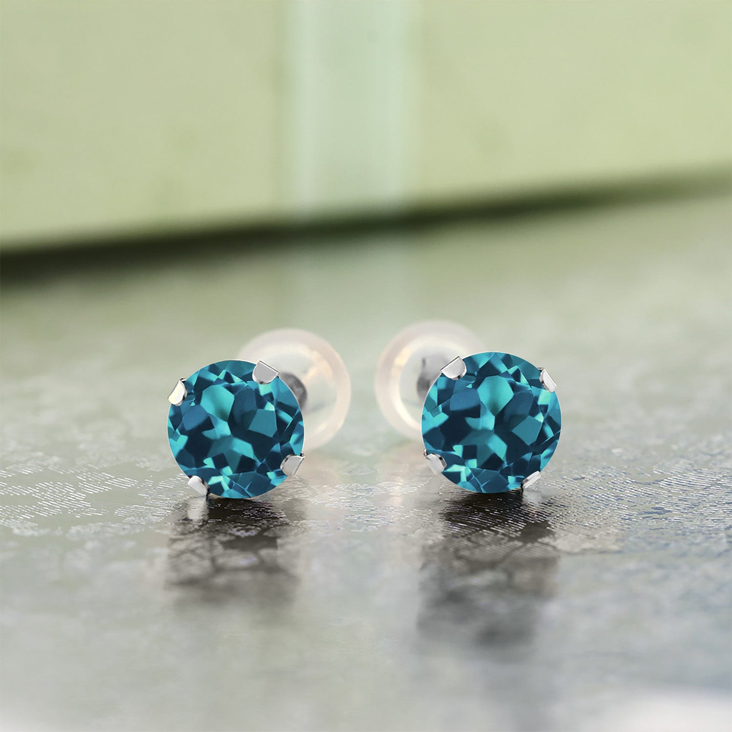 14K White Gold Round Cut London Blue Topaz Stud Earrings For Women Men (1.10 Cttw, Gemstone Birthstone, Round 5MM)