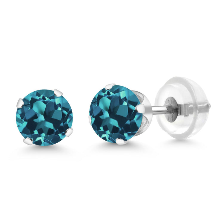 Gem Stone King 14K White Gold Gemstone Birthstone Stud Earrings | Round 5MM | 14K Silicone Push Back | Gold Earrings For Women Men