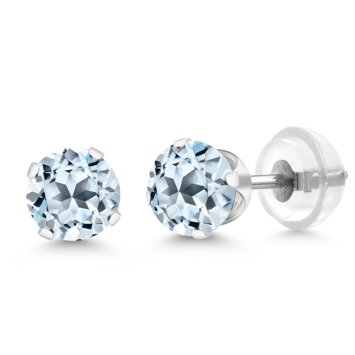 Gem Stone King 14K White Gold Gemstone Birthstone Stud Earrings | Round 5MM | 14K Silicone Push Back | Gold Earrings For Women Men