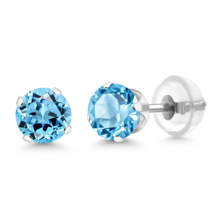Gem Stone King 14K White Gold Gemstone Birthstone Stud Earrings | Round 5MM | 14K Silicone Push Back | Gold Earrings For Women Men