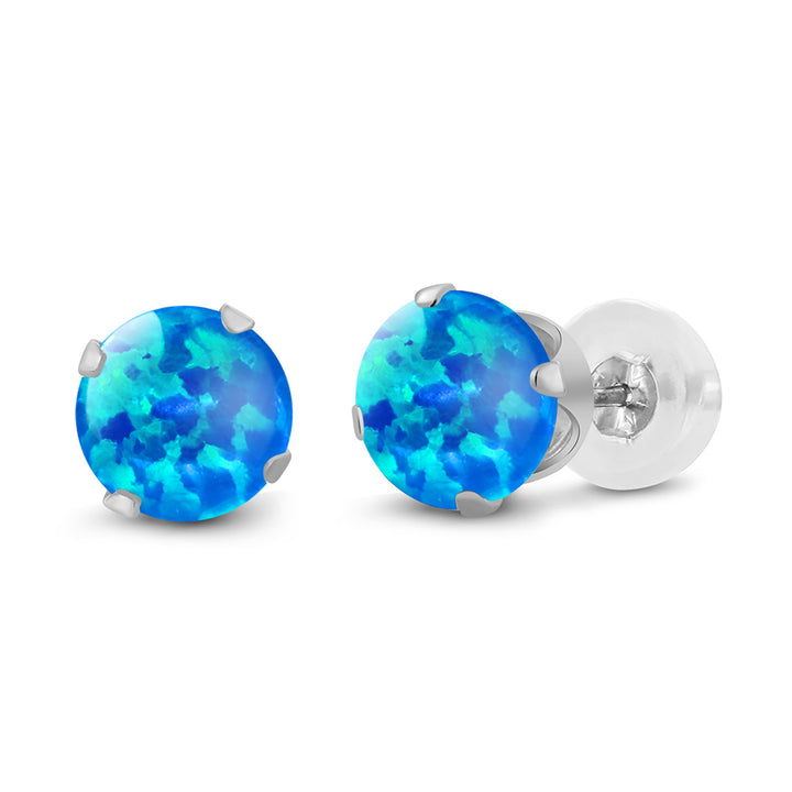 Blue Simulated Opal-Cabochon - October_14K White Gold_Earrings in 14K White Gold