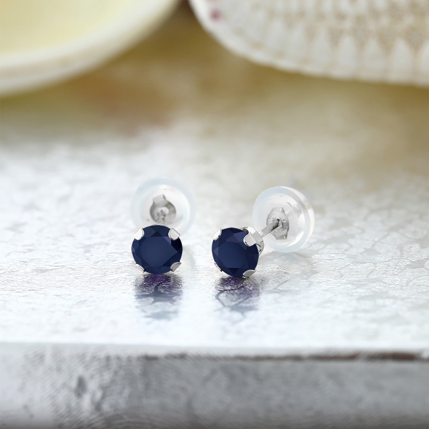 14K White Gold Blue Sapphire Earrings | Gemstone September Birthstone | 0.72 Cttw | Round 4MM | White Gold Stud Earrings For Women Men