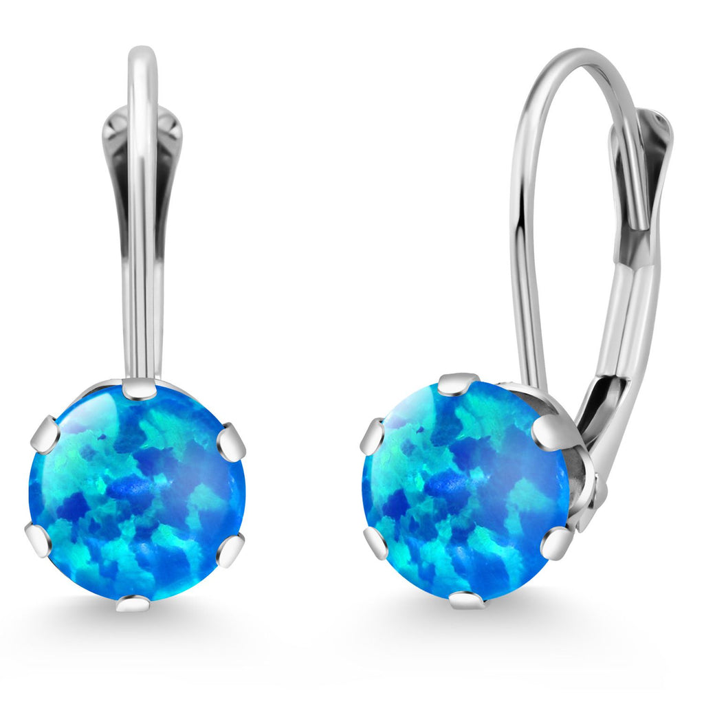 Blue Simulated Opal-Cabochon - October_Earrings in 14K White Gold