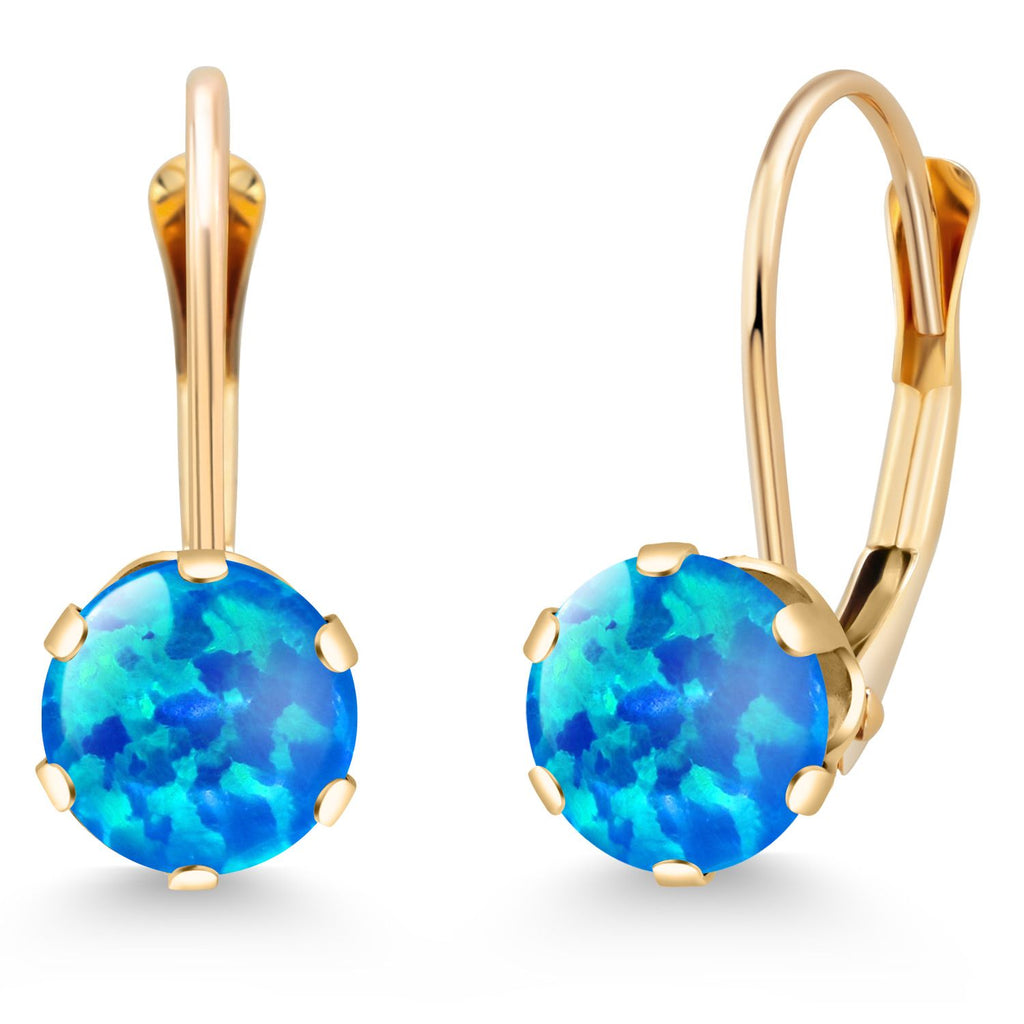 Blue Simulated Opal-Cabochon - October_Earrings in 14K Yellow Gold