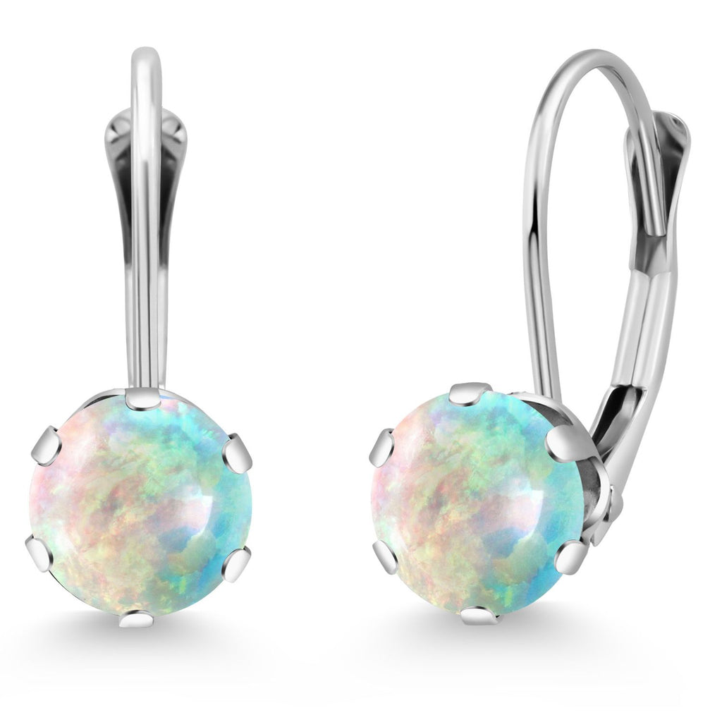 White Simulated Opal-Cabochon - October_Earrings in 14K White Gold