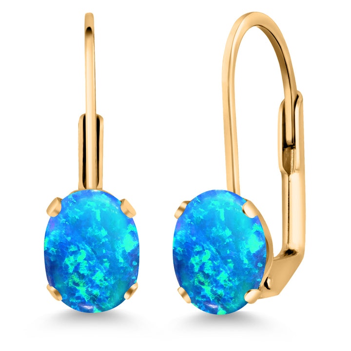 Blue Simulated Opal-Cabochon - October_Earrings in yellow gold plated brass