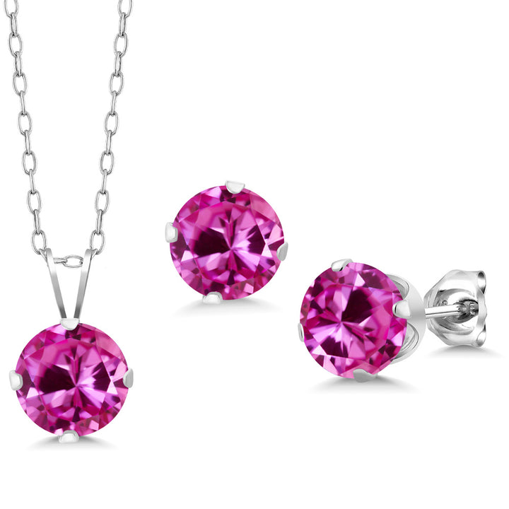 Pink Created Sapphire - September_Pendant Earrings Set in 925 Sterling Silver