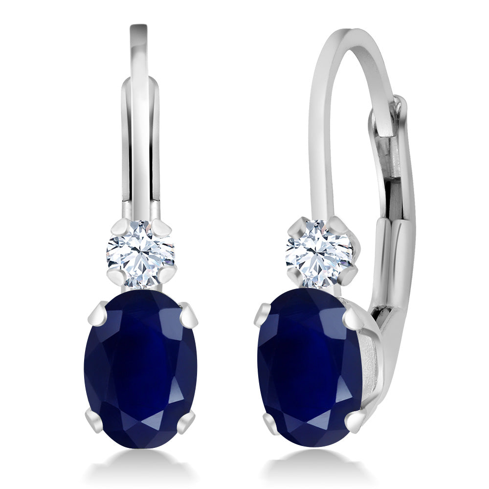 925 Sterling Silver Blue Sapphire and White Created Sapphire Leverback Earrings For Women (1.18 Cttw, Gemstone September Birthstone, Oval 6X4MM, Round 2MM, 3/4 Inch)