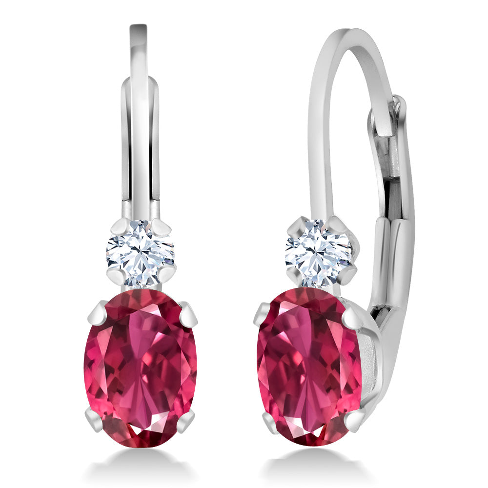 925 Sterling Silver Pink Tourmaline and White Created Sapphire Leverback Earrings For Women (0.84 Cttw, Gemstone October Birthstone, Oval 6X4MM, Round 2MM, 3/4 Inch)