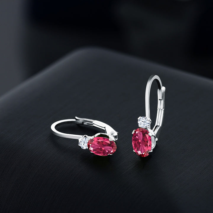 925 Sterling Silver Pink Tourmaline and White Created Sapphire Leverback Earrings For Women (0.84 Cttw, Gemstone October Birthstone, Oval 6X4MM, Round 2MM, 3/4 Inch)