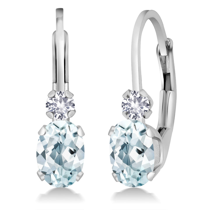 Gem Stone King 14K White Gold Oval Gemstone Birthstone Leverback Earrings For Women | White Created Sapphire Accents | 3/4 Inch | Fine Jewelry Gifts for Mom Wife Her