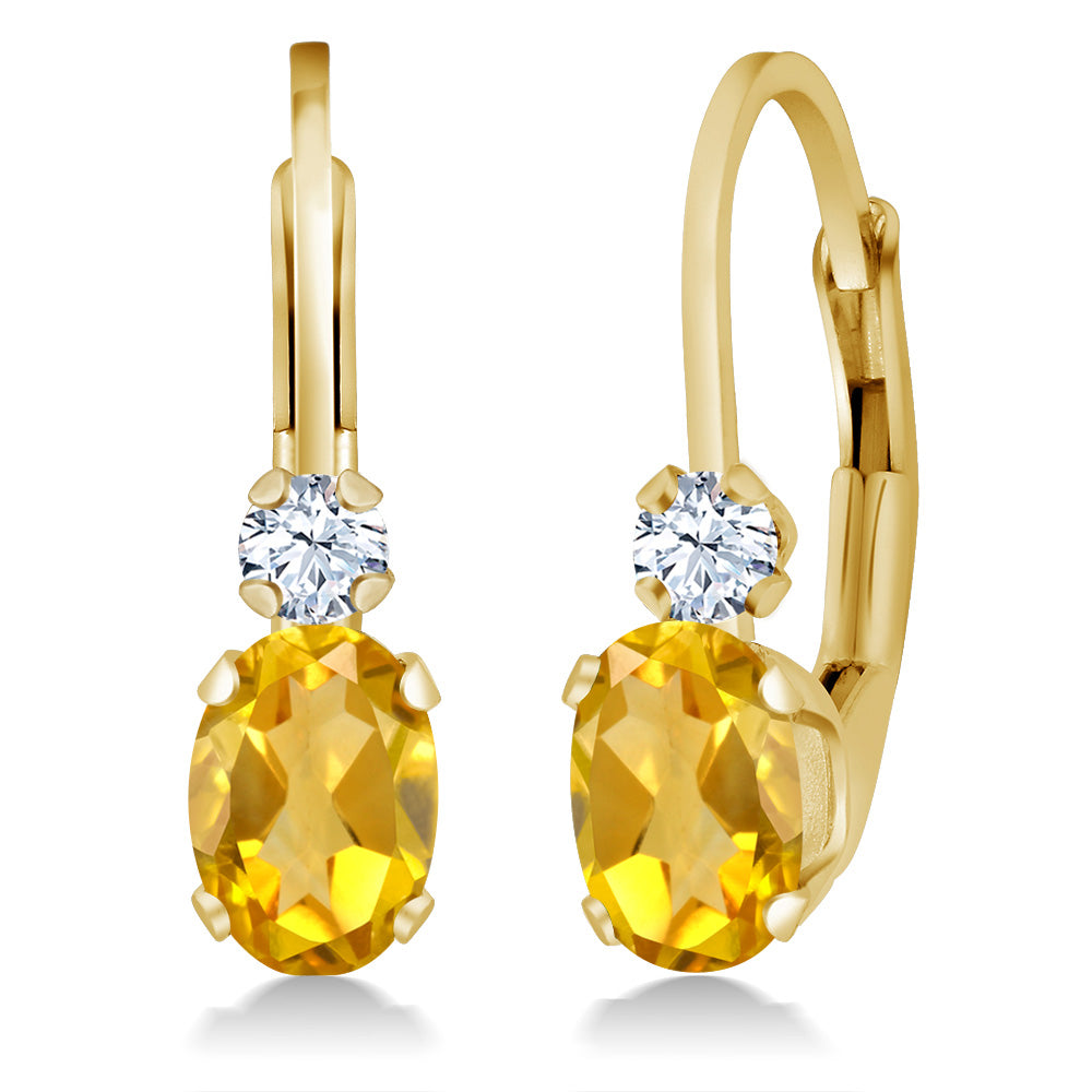 Gem Stone King 14K Yellow Gold Oval Gemstone Birthstone Leverback Earrings for Women | White Created Sapphire Accents | 3/4 Inch | Fine Jewelry Gifts for Mom Wife Her