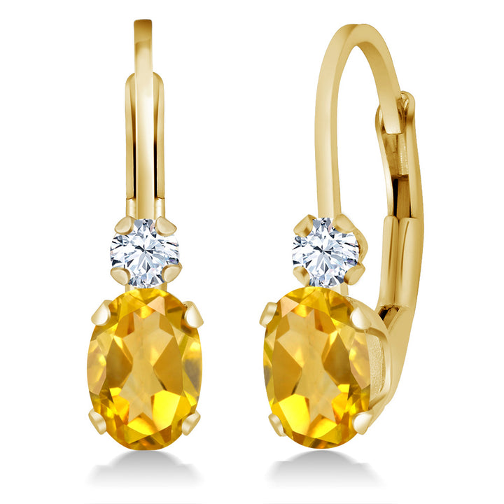 Gem Stone King 14K Yellow Gold Oval Gemstone Birthstone Leverback Earrings for Women | White Created Sapphire Accents | 3/4 Inch | Fine Jewelry Gifts for Mom Wife Her